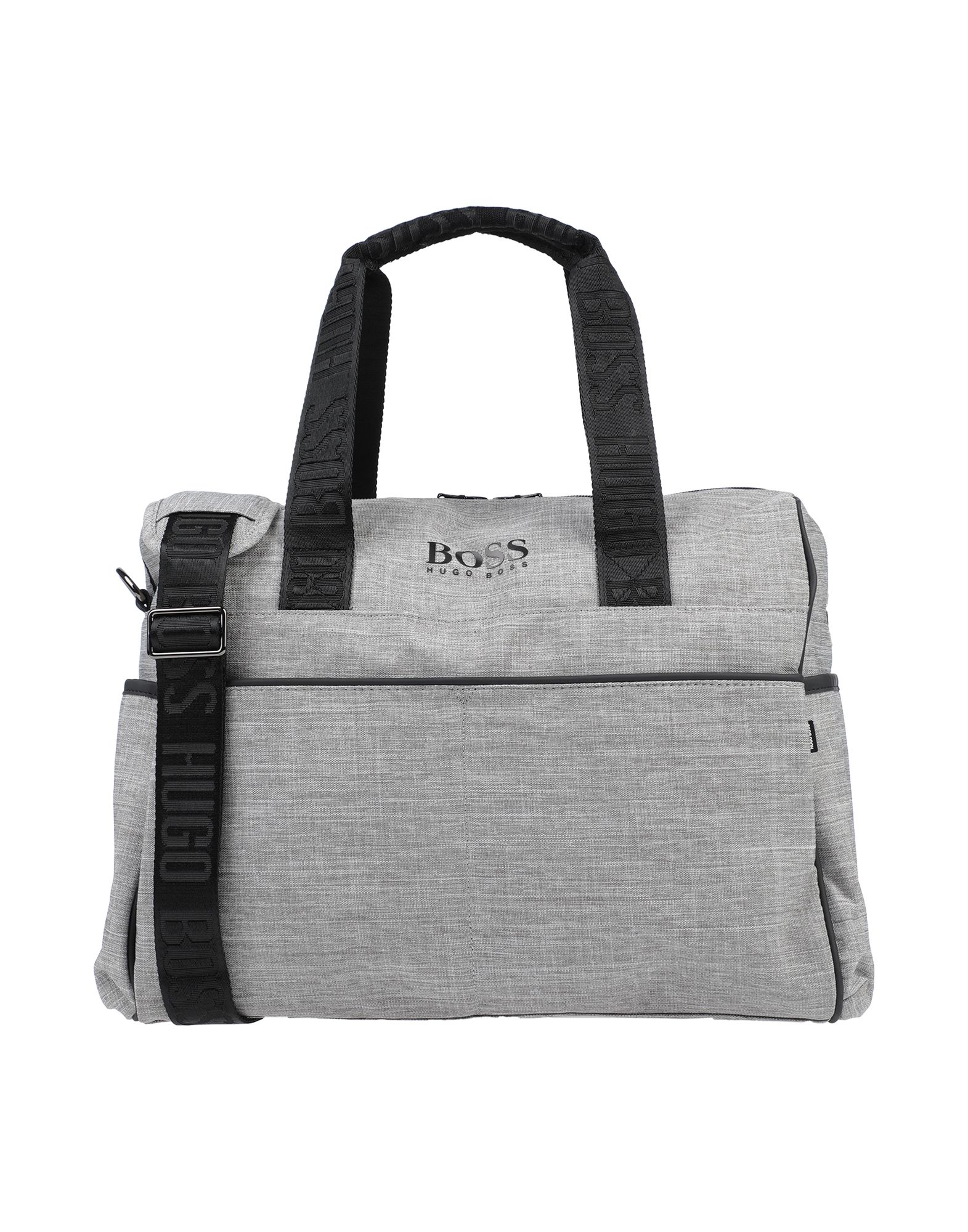 techno fabric, print, logo, solid color, double handle, removable shoulder strap, internal pockets, 