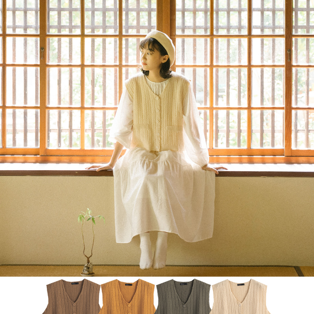 麻花編織感針織排釦背心 四色售