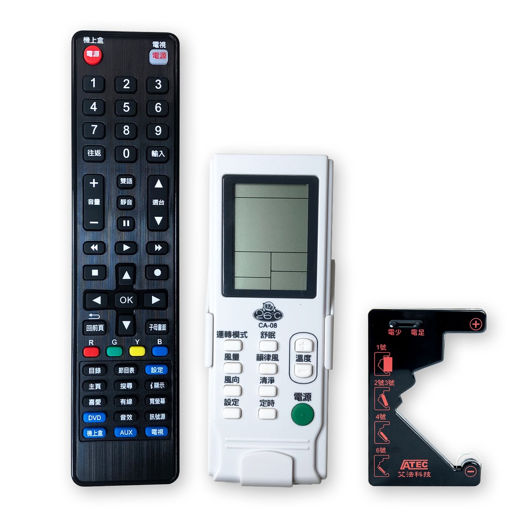 艾法科技牛年行大運新年實用家庭組，含超大螢幕冷氣萬用遙控器、超實用的居家小物電池量測器、電視機上盒DVD音響四合一萬用遙控器。讓您一次換新家中遙控器，並且可以隨時輕鬆判斷出遙控器中的電池是哪一顆沒有電
