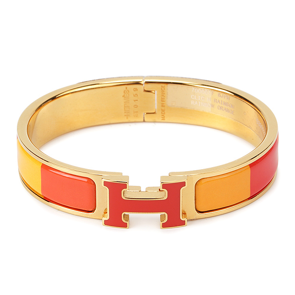HERMES Clic H LOGO琺瑯細版扣式手環(橘金色)371001-2
