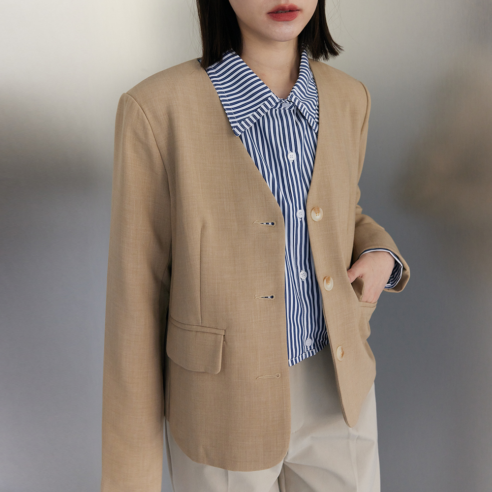 精緻織紋無領西裝外套-卡其