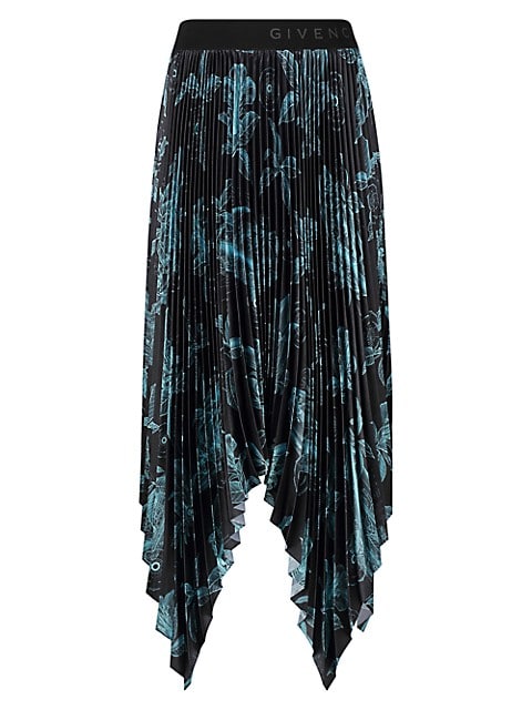 This asymmetric plissé pleated midi skirt has a blueprint floral motif that gives a contemporary fee