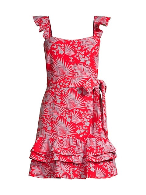 From the Psychedelic Floral Collection. Floral mini dress with a defined waist, ruffle straps and ti