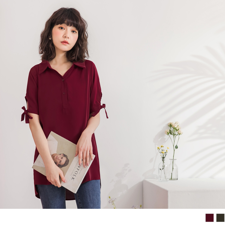 純色微光澤雪紡袖綁帶半開襟襯衫