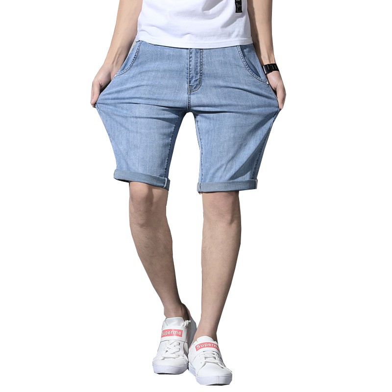 淺藍色丹寧褲短褲 彈性牛仔褲五分褲 大尺碼工作褲 日系韓版男生褲子 歐美學院風 潮男必備運動褲 沙灘褲男女生情侶裝JNF