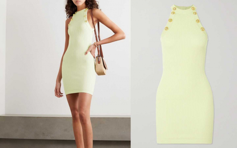 細節不忘加上華麗感十足的金釦裝飾，才能真的是BALMAIN。BALMAIN 華麗釦飾削肩針織洋裝／約32,800元（圖／品牌提供）