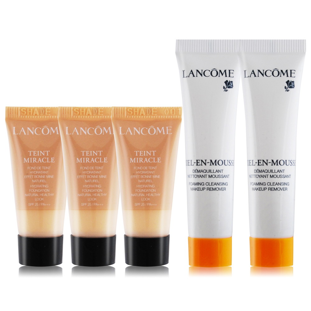 LANCOME 蘭蔻 水感奇蹟恆久光粉底5mlX3#O-01加贈蜂蜜卸妝潔顏油15mlX2