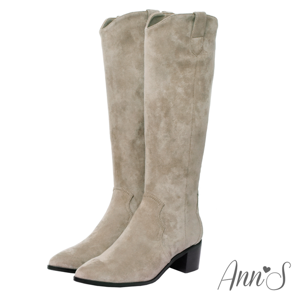 Ann’S窄版防水絨布-超修身V口顯瘦粗跟西部及膝長靴4.5cm-杏