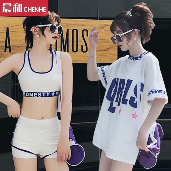 泳衣女2019新款泡溫泉韓國遮肚小香風三件套分體運動罩衫少女海邊