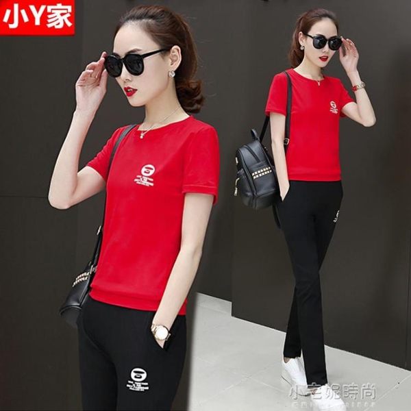 純棉運動套裝女夏季新款時尚大碼短袖長褲跑步休閒兩件套『小宅妮時尚』