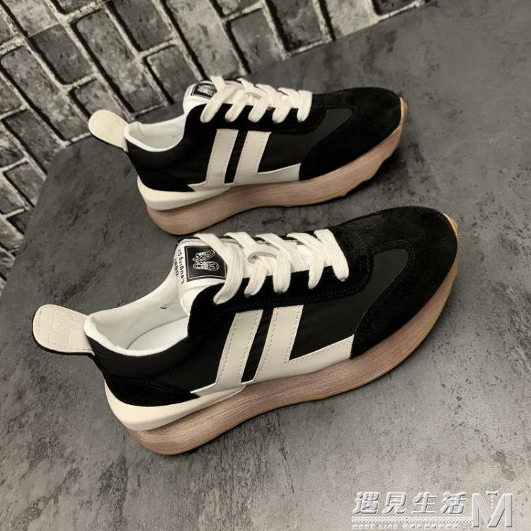 厚底運動鞋女復古做舊鬆糕跑鞋增高繫帶拼色阿甘鞋