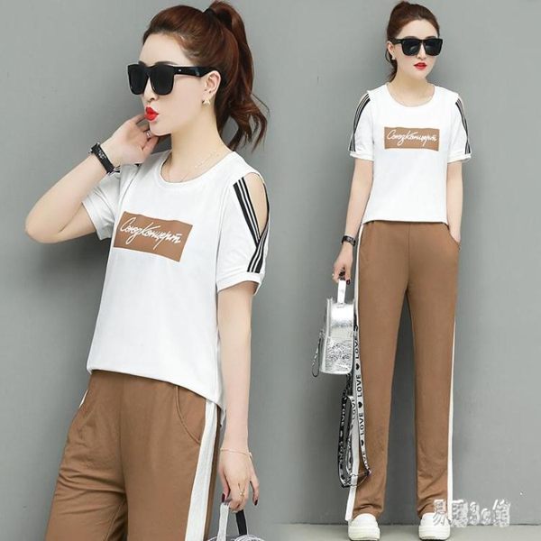 運動休閒套裝女 夏裝寬鬆韓版時尚短袖褲裝 2019新款兩件式露肩跑步服 CJ6131『易購3c館』