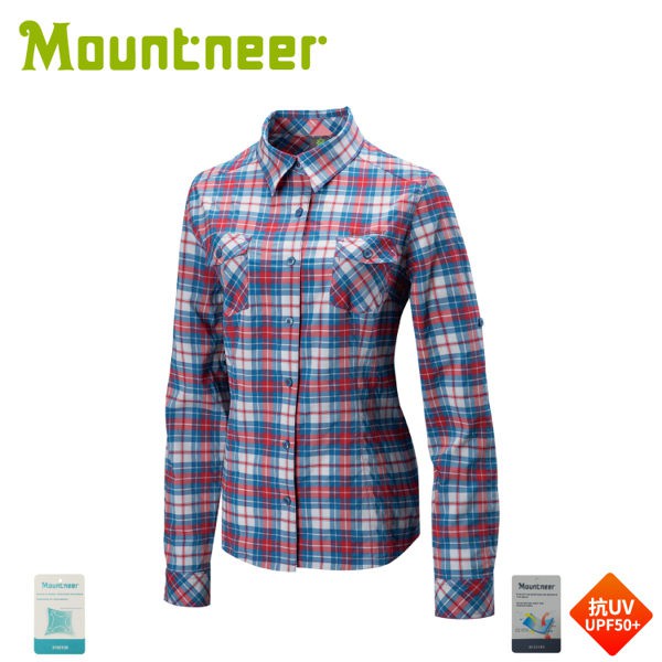 [現貨] Mountneer 山林 女 彈性抗UV格子長袖襯衫《紅》/31B06/防曬長袖/薄襯衫/防曬長袖