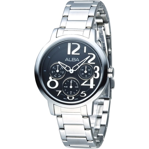 預計出貨日2-5天 ★本商品由廠商直接出貨★ ★訂單成立後二至五個工作天到貨★ ALBA 玩美時尚全日曆女錶-黑(AP6053X1) <商品特色> ◆全不鏽鋼黑色面板 ◆魔幻精靈的立可白色刻度 ◆星期