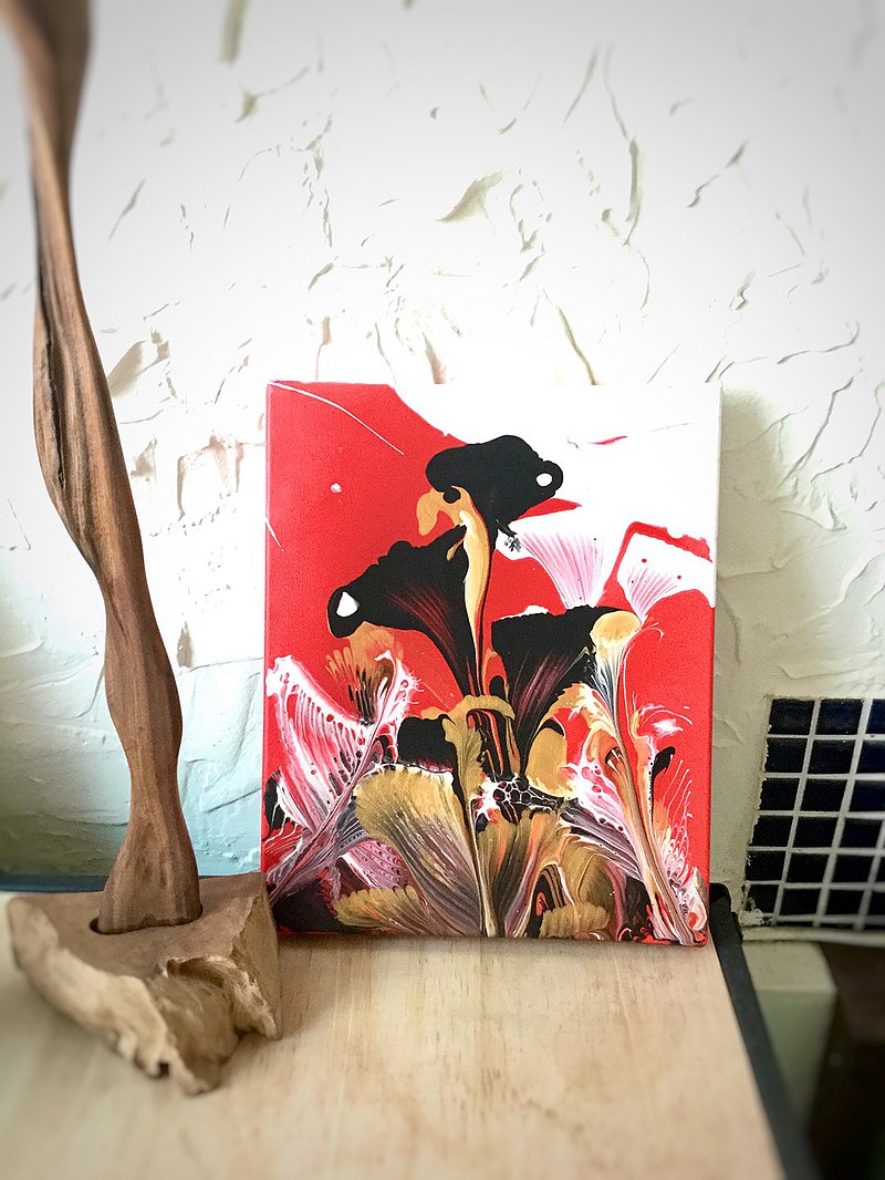 名稱：抽象畫 花魁 畫布：亞麻油畫布 畫作尺寸：27×22 cm 繪畫媒材：壓克力，easyflow助流劑