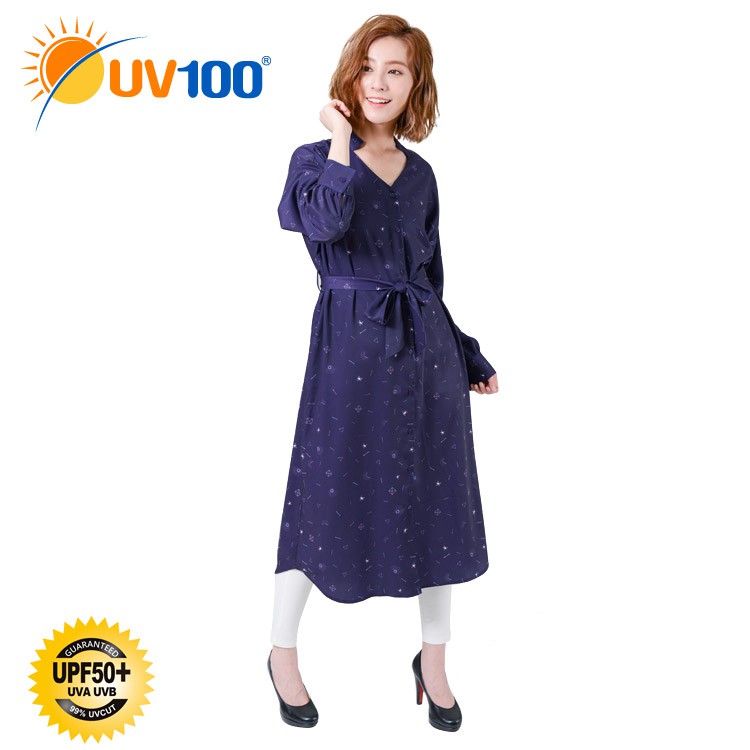 UV100 防曬 抗UV-涼感印花綁帶長版襯衫洋裝-女 - 深紫色【BD91052】