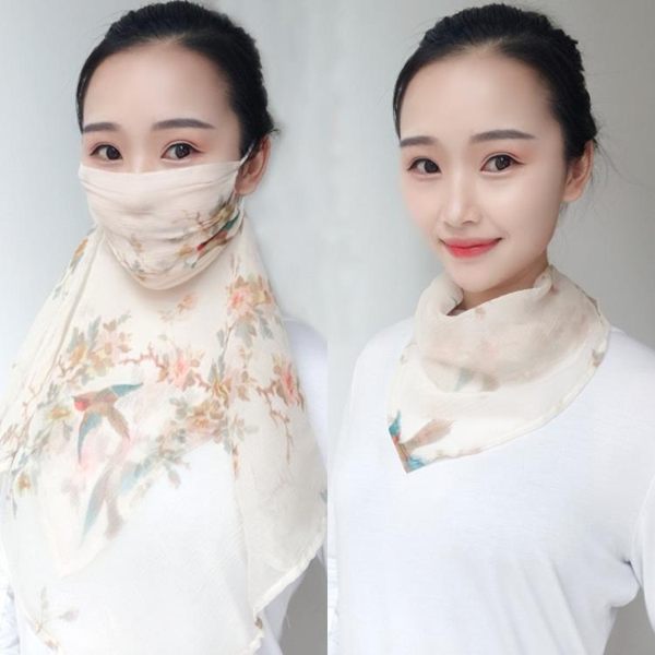 遮陽絲巾口罩真絲防曬口罩護頸透氣騎行開車護臉面紗遮陽面巾兩用面罩三角絲巾優品匯
