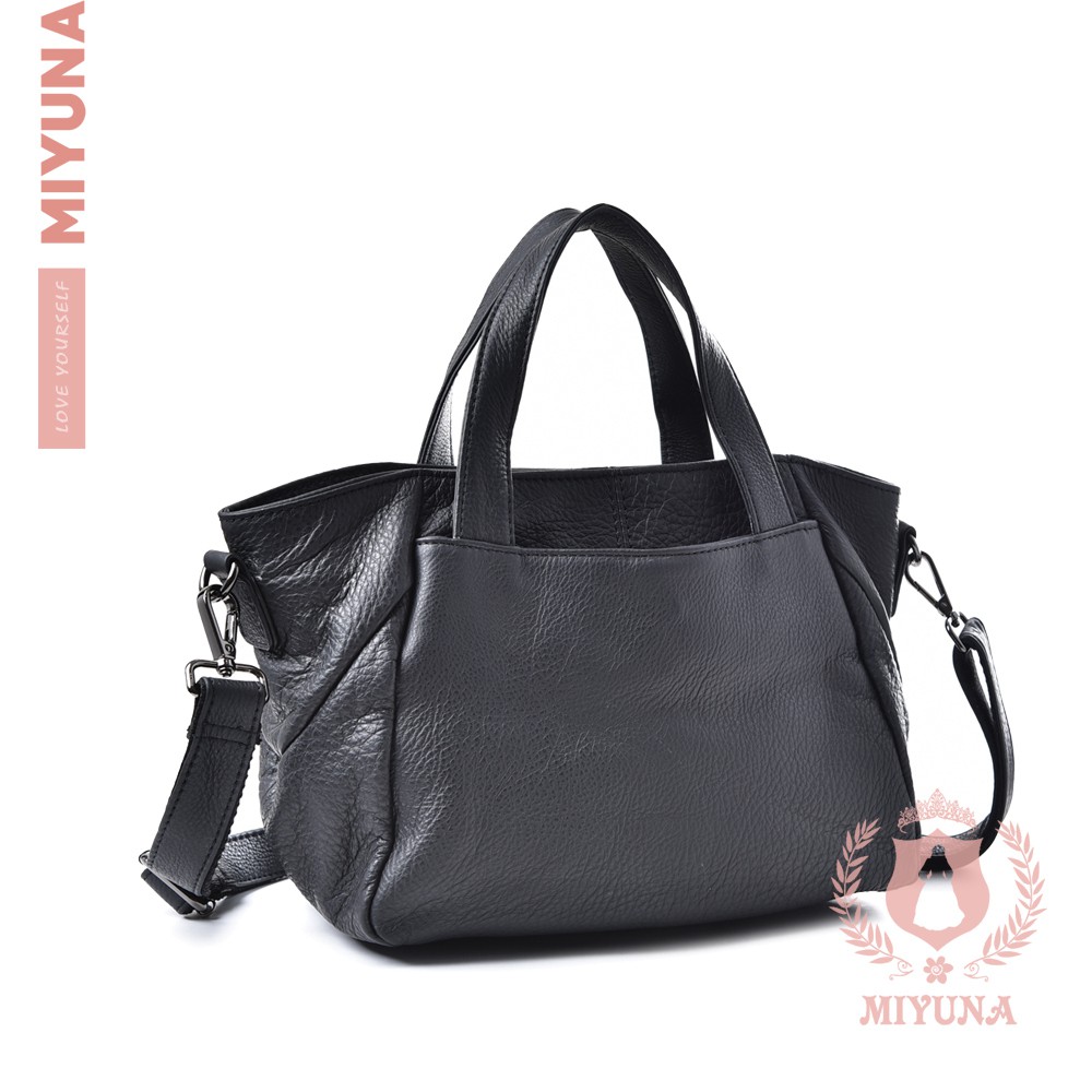 【MIYUNA】Merry尖端拉鍊進口頭層牛皮包-質感黑