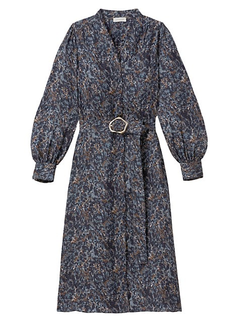 Marble-print dress with a mid-length feminine fit-and-flare silhouette and fine Italian silk fabrica