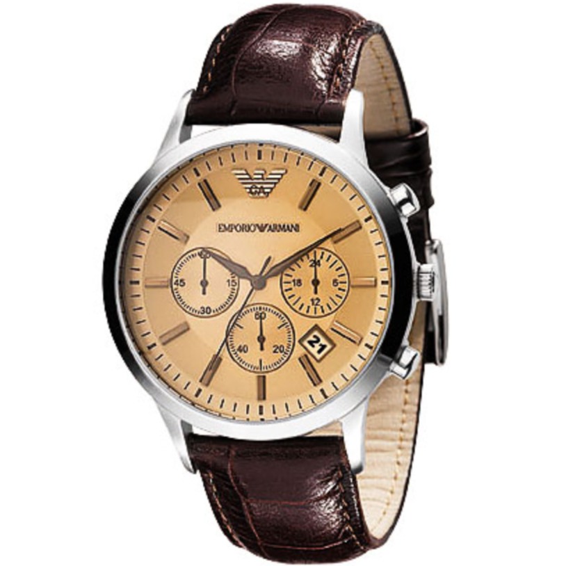 ARMANI 經典三眼計時皮帶腕錶-香檳 AR2433