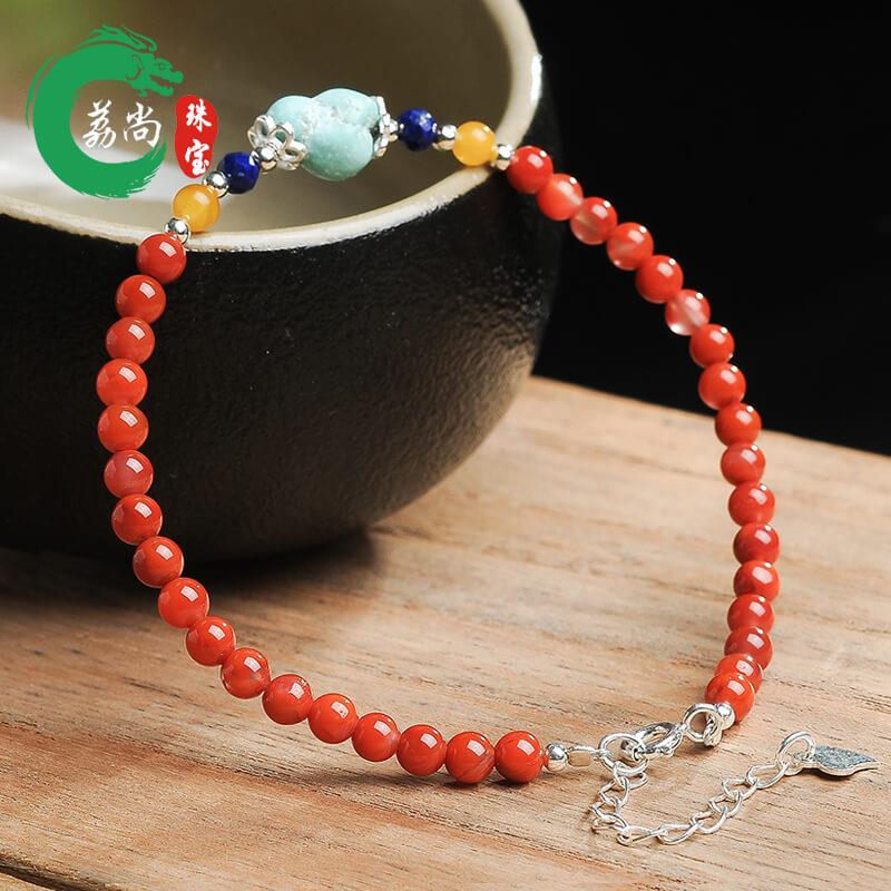 荔尚荔尚珠寶珠寶南紅瑪瑙搭隨形綠松石S925銀瑪瑙手鍊附證書