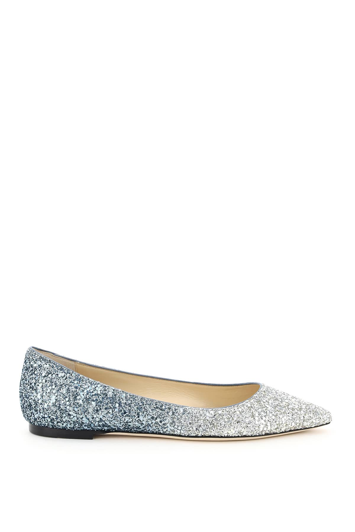 Jimmy Choo glitter ballerinas with gradient effect. Suede leather hems, leather lining, leather sole