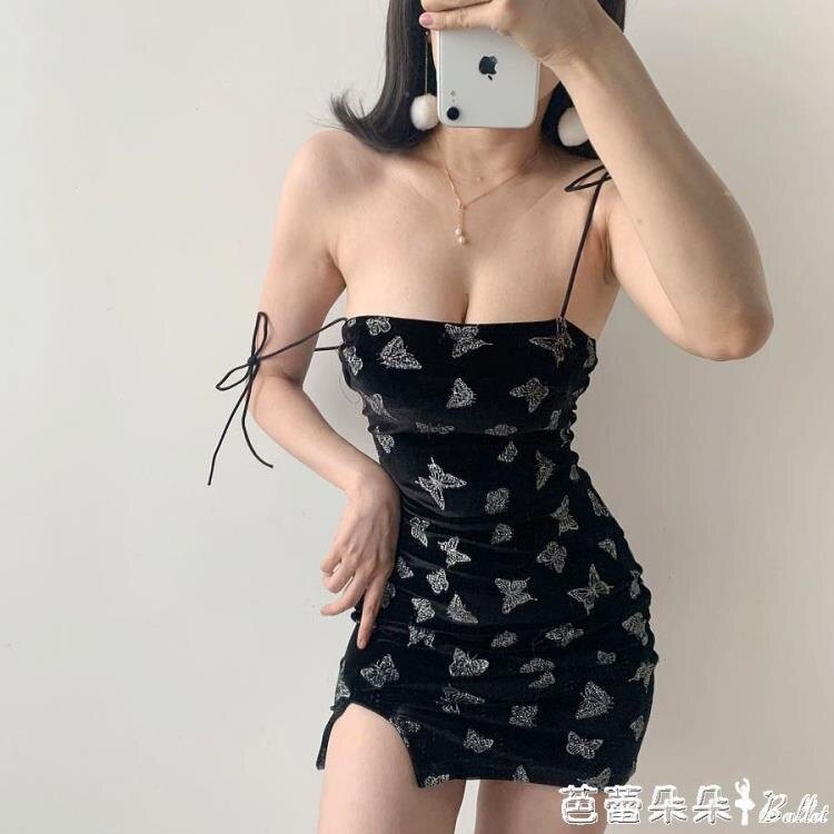 新款復古低胸細肩帶系帶流蘇側開叉印花彈力包臀洋裝-