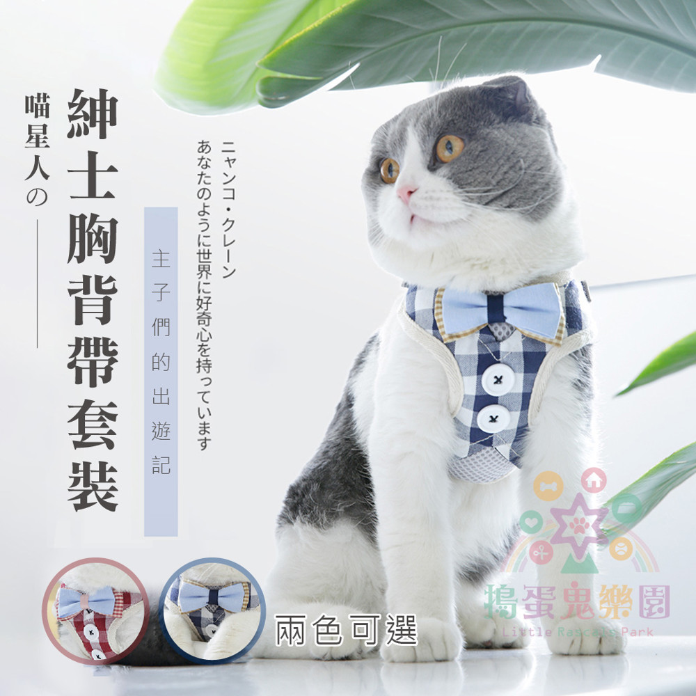 搗蛋鬼樂園貓咪胸背帶 紳士胸背套裝 背心式胸背 遛貓繩胸背帶 貓衣服 胸背帶 貓牽繩 貓咪牽引繩