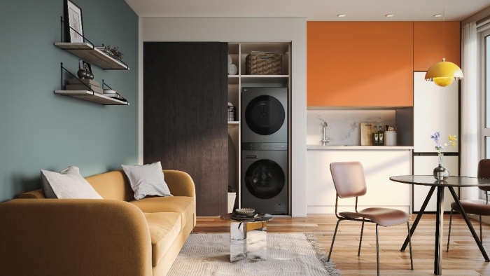 LG全新極窄美型WashTower AI智控洗乾衣機，寬度僅60公分的極窄尺寸可以輕鬆擺放於窄小空間