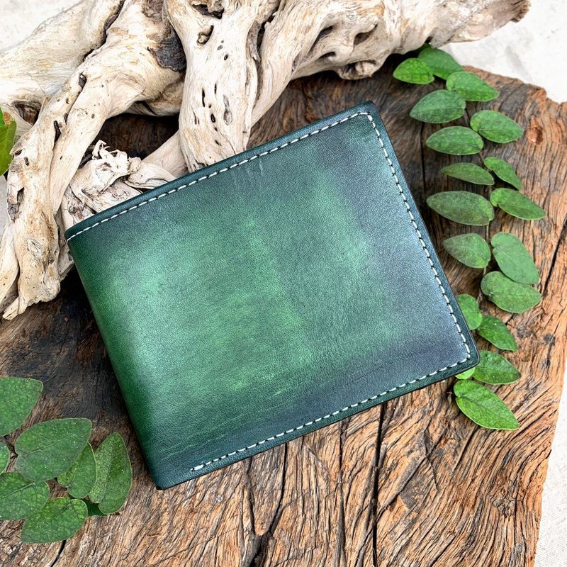 墨綠漸層短夾 手工染色 輕薄體積