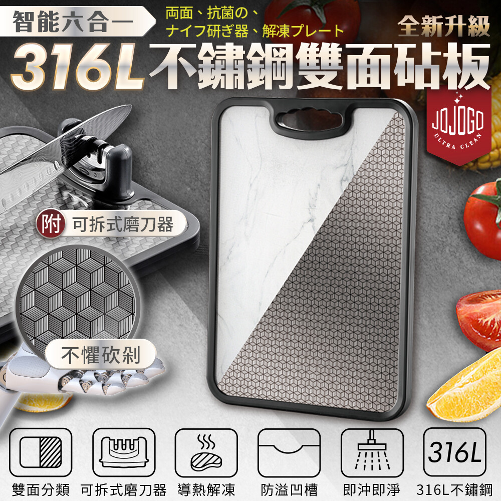 雙面砧板智能再升級集六合一功能可分類切菜+可拆磨刀器+解凍盤+科技魔方防滑+防溢+防霉抗菌一次滿足您所有的需求無懼砍剁且不傷刀! 嚴選sus316l不鏽鋼讓您的砧板極淨再進化! 商品特色 雙面分類切菜