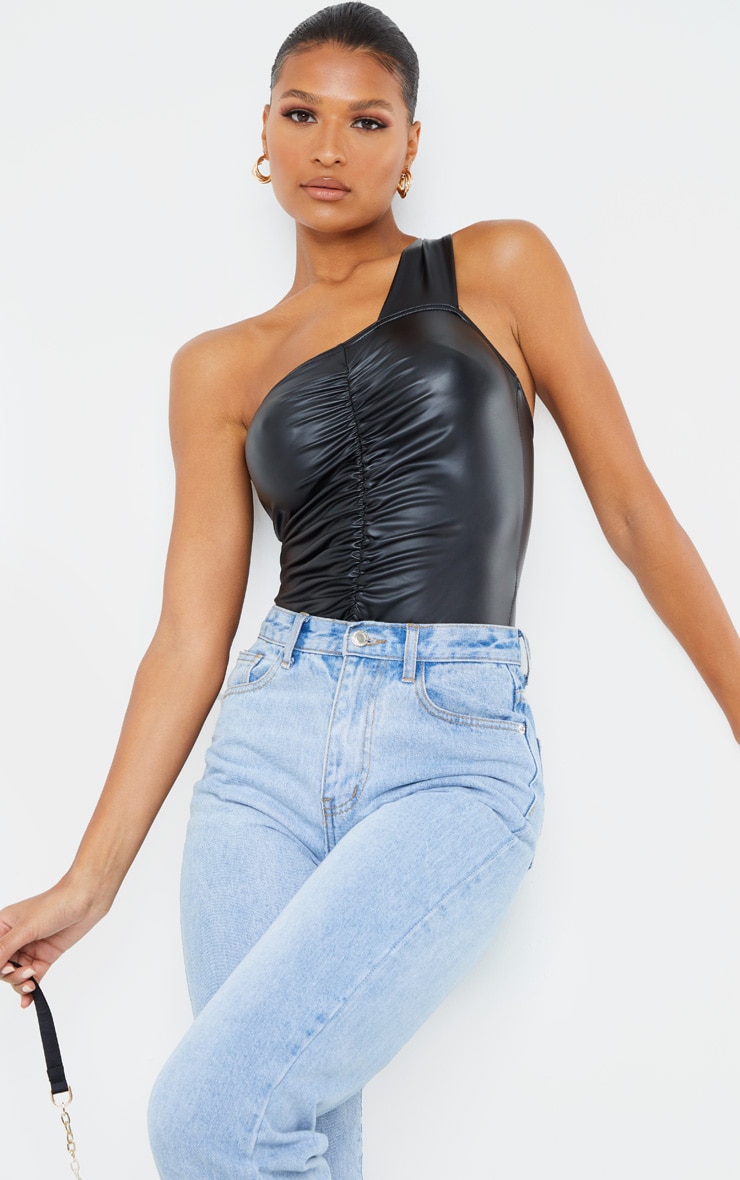 Black Wet Look One Shoulder Ruched Bodysuit nAdd a luxe vibe to your look with this bodysuit doll Fe