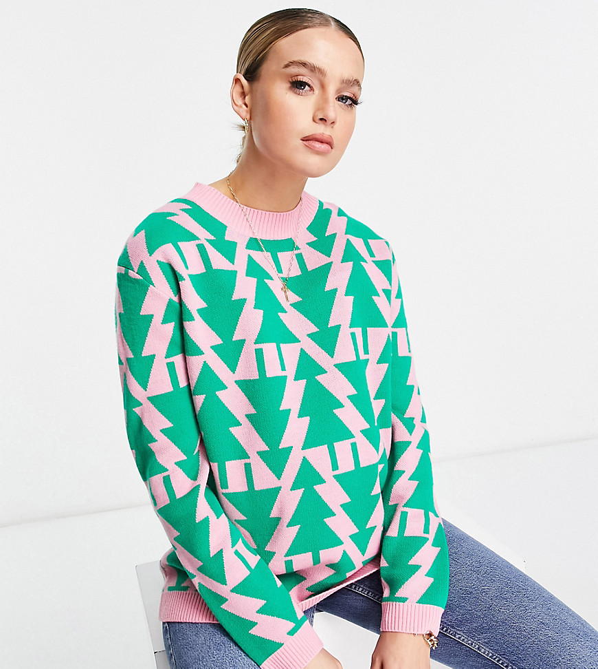 ASOS DESIGN Maternity Christmas jumper with all over tree pattern in pink