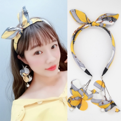 梨花HaNA 韓國花漾鎖鏈復古花紋兔耳朵耳環髮箍
