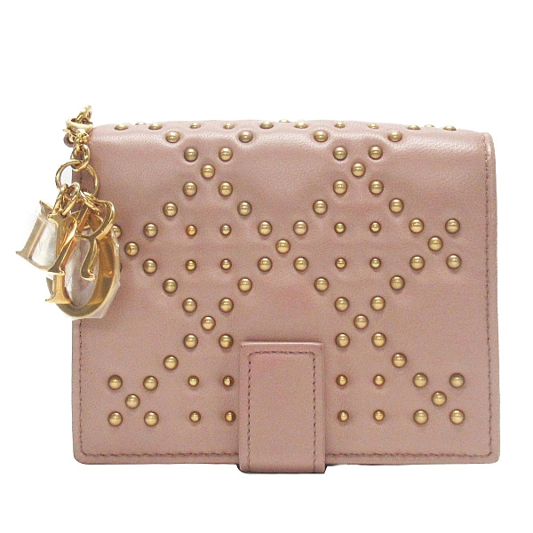 Dior 迪奧 藕粉色羊皮鉚釘對折短夾 Cannage Studded Lady Dior Eden【BRAND OFF】