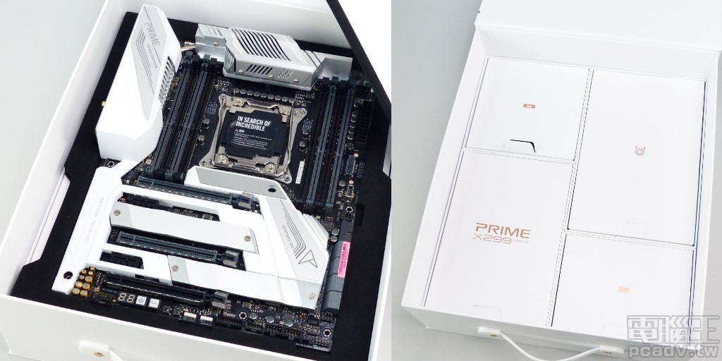 Prime X299 Edition 30 盒裝內部分成上、下 2 層，上方擺設主機板，下方為各類零配件與線材。