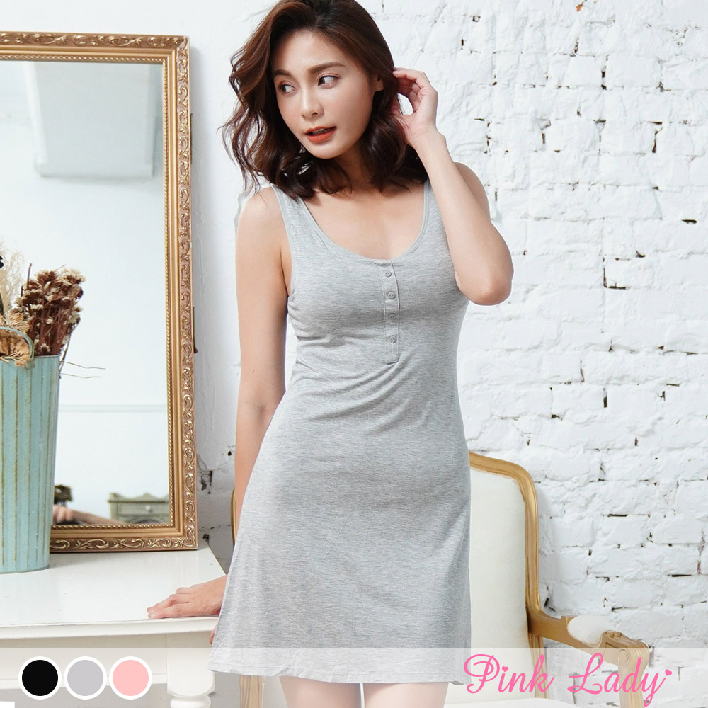 【罩杯式胸墊】居家棉柔夏季無袖睡裙 甜誘夢境 7036(黑、灰、粉)-Pink Lady