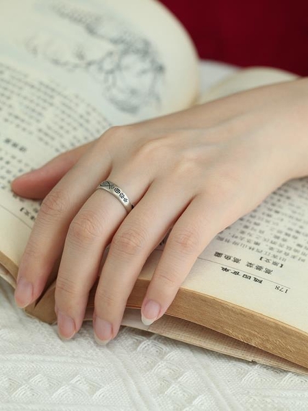復古開口可調節小眾925純銀不掉色女士銀飾偏財運戒指 古風戒指女