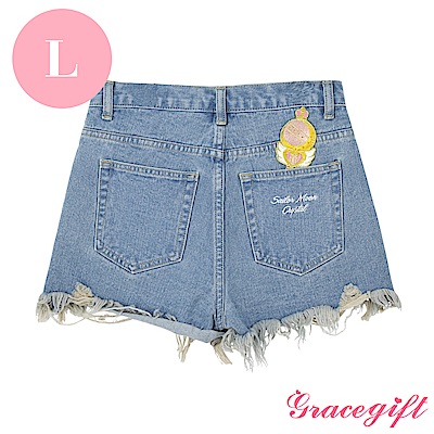 Grace gift-美少女戰士聯名抽鬚牛仔短褲 淺藍L