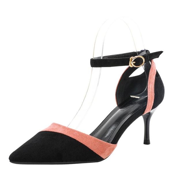 高跟涼鞋女 細跟涼鞋 工作尖頭高跟鞋單鞋女絨面拼色一字扣帶韓版女鞋子【多多鞋包店】ds4474