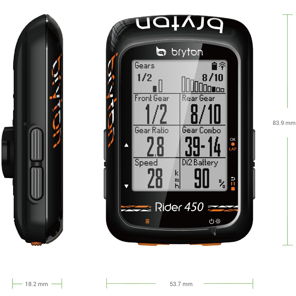 品名：BRYTON Rider 450T GPS自行車行車記錄器 (全配版)品號：0310-3635 顏色：黑色重量：71公克 (主機)尺寸：2.3吋螢幕材質：塑料 + 電子零件BRYTON Ride