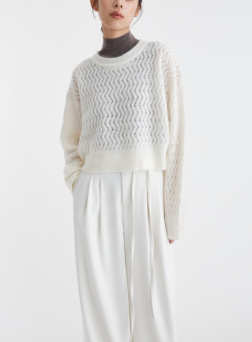 波紋鏤空馬海毛針織上衣