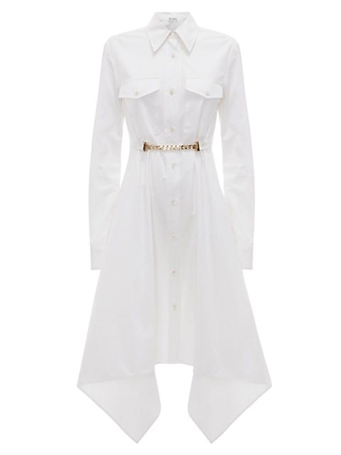 This crisp poplin shirtdress is cinched at the waist with a goldtone chain detail before falling to 