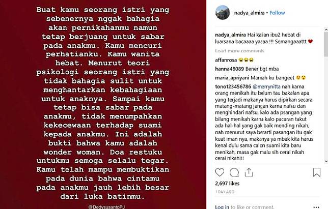 Korban Pelakor Nadya Almira Unggah Pesan Untuk Perempuan Senasib