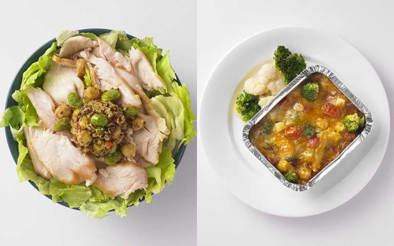 「藜麥雞胸沙拉」（左）、「燕麥奶焗烤筆管麵」（右）。