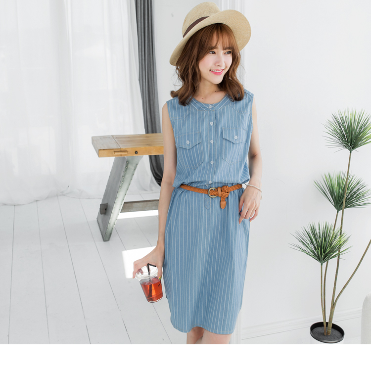 高含棉鄉村風直條紋附皮帶無袖洋裝