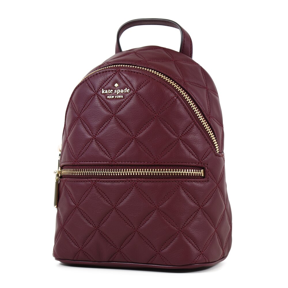 KATE SPADE 衍縫真皮菱格紋肩背/斜背/後背三用包-櫻桃紅