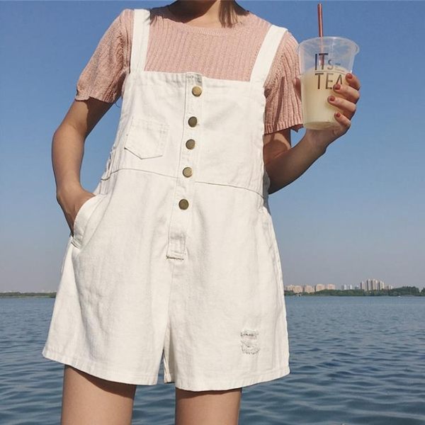 618年㊥大促 學生百搭寬鬆白色連體背帶褲女夏 韓版高腰時尚破洞闊腿牛仔短褲