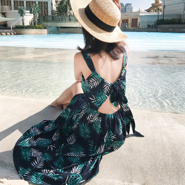 Free Shop 波西米亞後背繫帶連身裙蝴蝶結綁帶性感露美背渡假連身洋裝 長裙小中大尺碼【QTJGL12002】