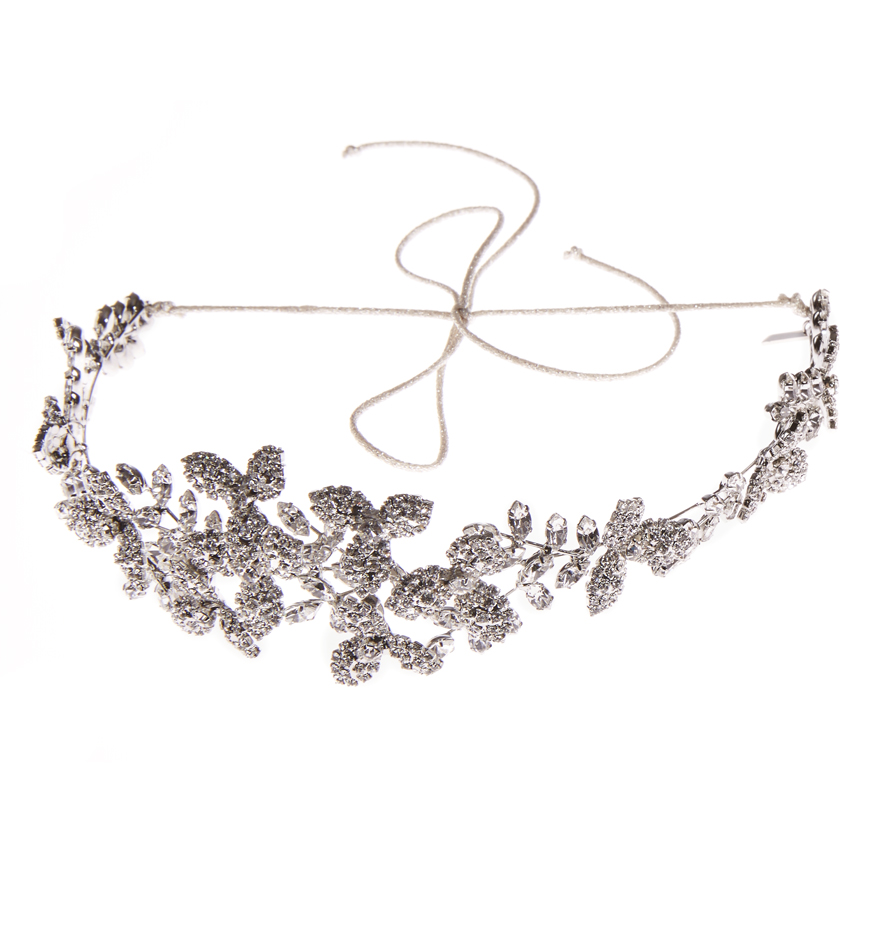 The Clementine Circlet is a headband made up of Swarovski crystal leaves and flowers, finished with 